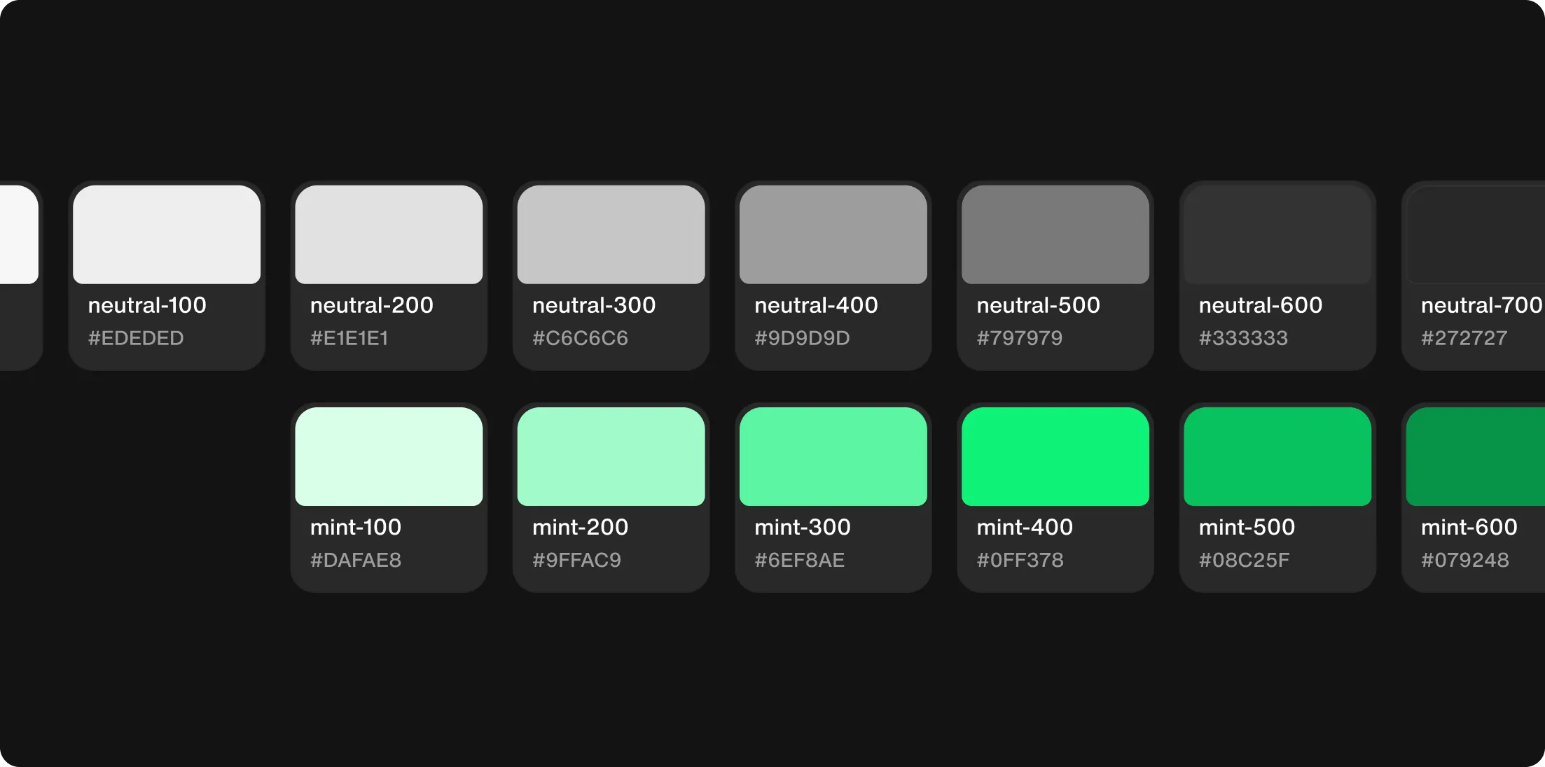 Palette of neutral and mint color swatches with hex codes ranging from light to dark shades on a black background.