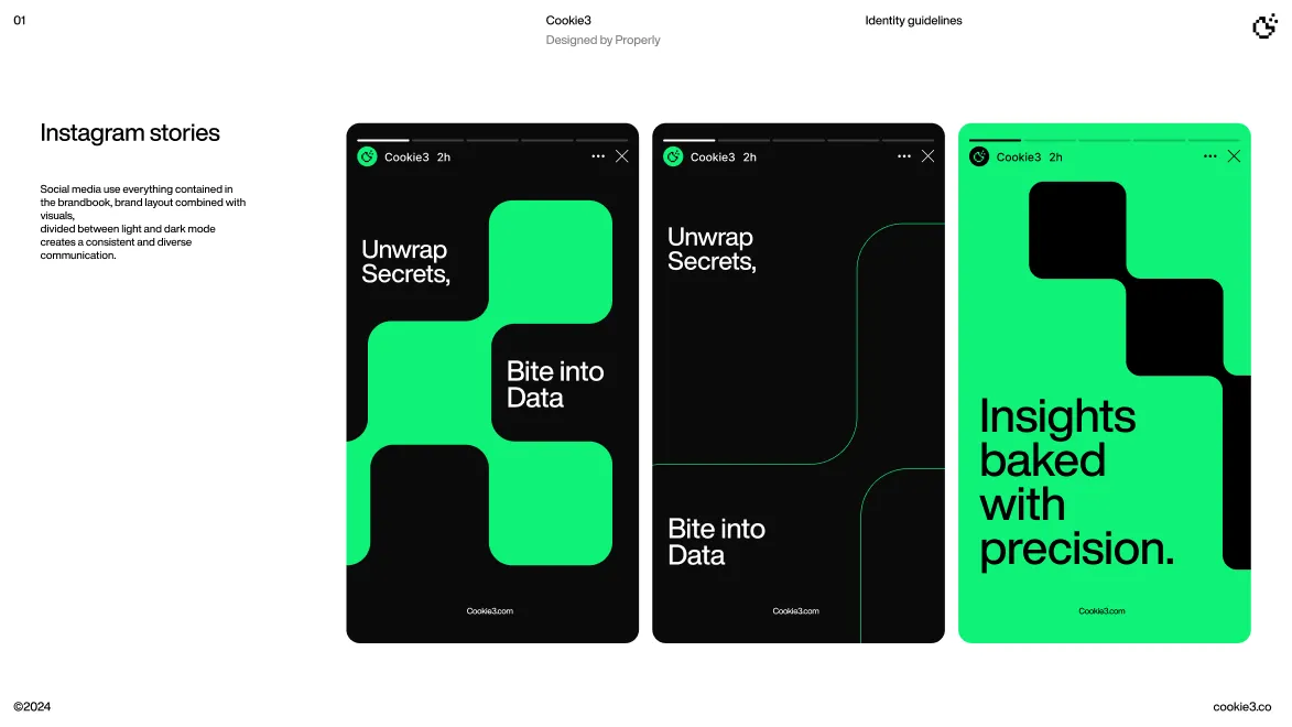 Three Instagram story screens showing Cookie3 branding with green and black backgrounds; texts read 'Unwrap Secrets, Bite into Data' and 'Insights baked with precision.'