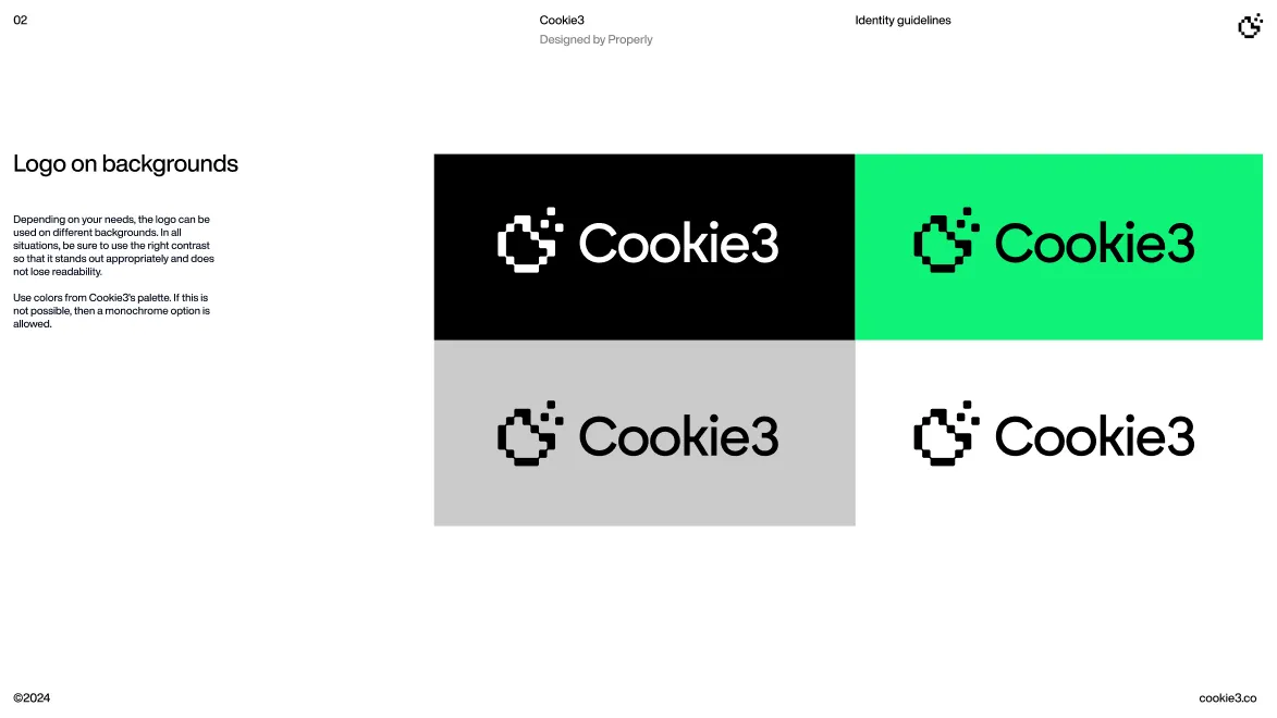 Four variations of the Cookie3 logo on black, green, gray, and white backgrounds showing contrast and readability guidelines.