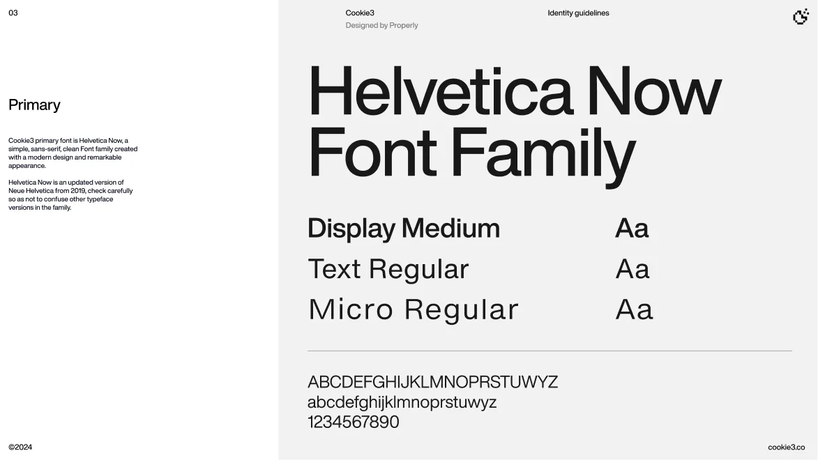 Typography guide showing Helvetica Now font family with Display Medium, Text Regular, and Micro Regular styles including sample alphabet and numbers.
