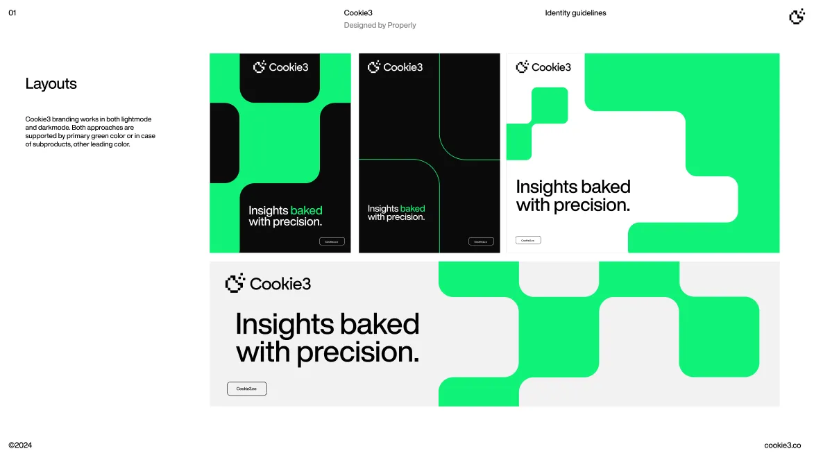 Cookie3 branding layouts showing logo and tagline 'Insights baked with precision' in light and dark modes with green geometric shapes.