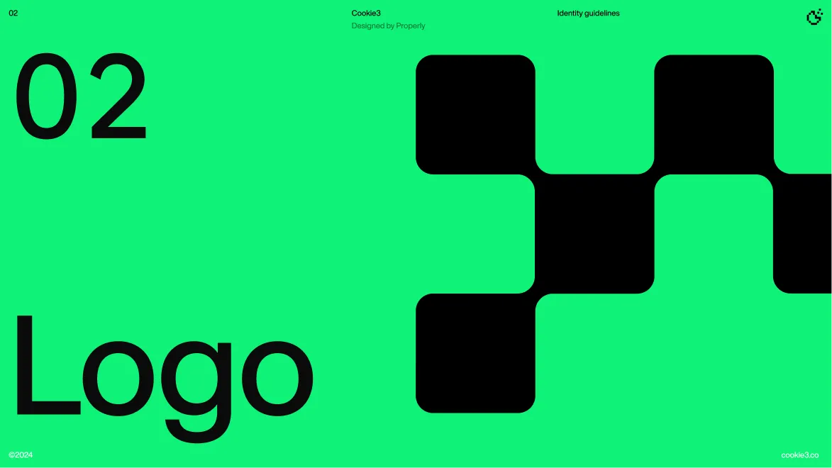 Green background with the number 02 and the word 'Logo' in black on the left, and a pattern of six connected black rounded squares on the right.
