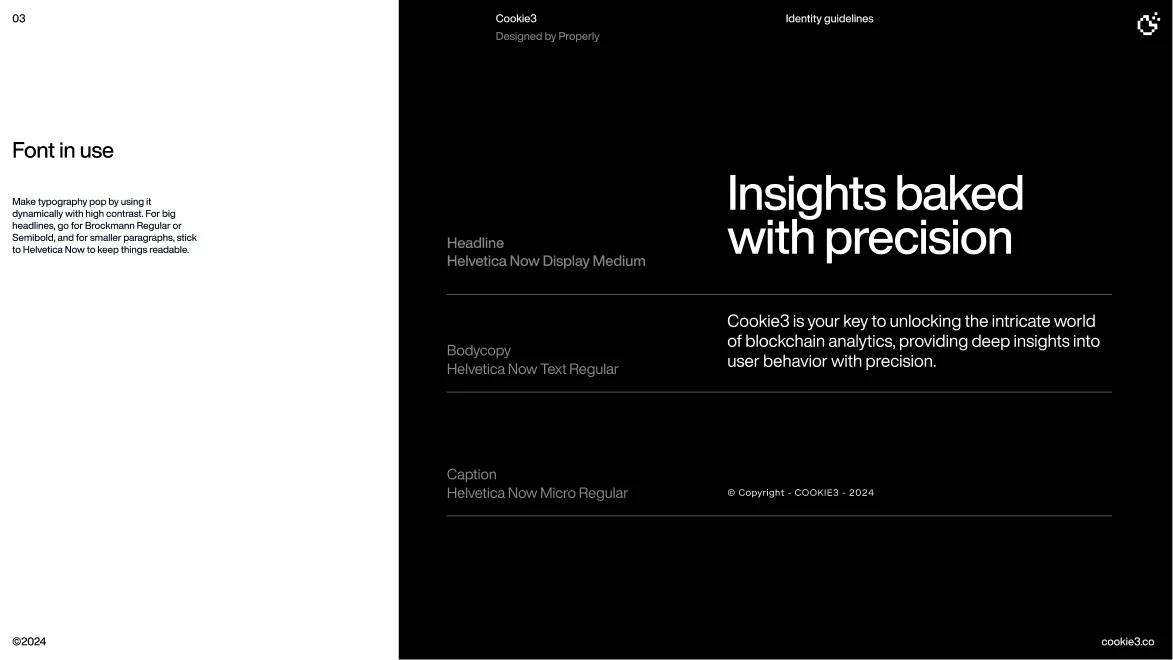 Design guide showing fonts in use for Cookie3, with headline in Helvetica Now Display Medium, body copy in Helvetica Now Text Regular, and caption in Helvetica Now Micro Regular, on a black and white background.