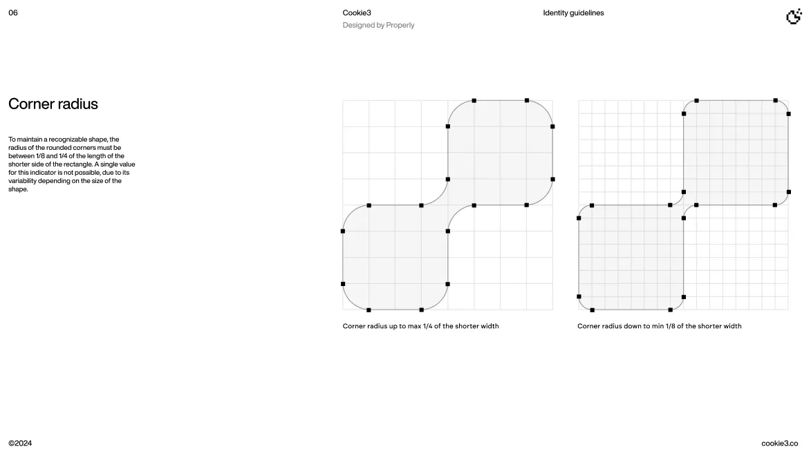Diagram showing corner radius guidelines with two shapes on grids illustrating max 1/4 and min 1/8 corner radius of the shorter width.