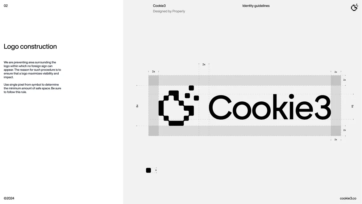 Logo construction guidelines for Cookie3, showing pixel measurements for safe space around the black pixelated cookie icon and text.