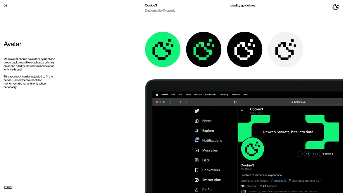 Brand identity guidelines showing four avatar logo variants: green background with black pixelated cookie symbol, black background with green symbol, black background with white symbol, and grey background with black symbol. Below is a partial screenshot of a Twitter profile page featuring the green background avatar.