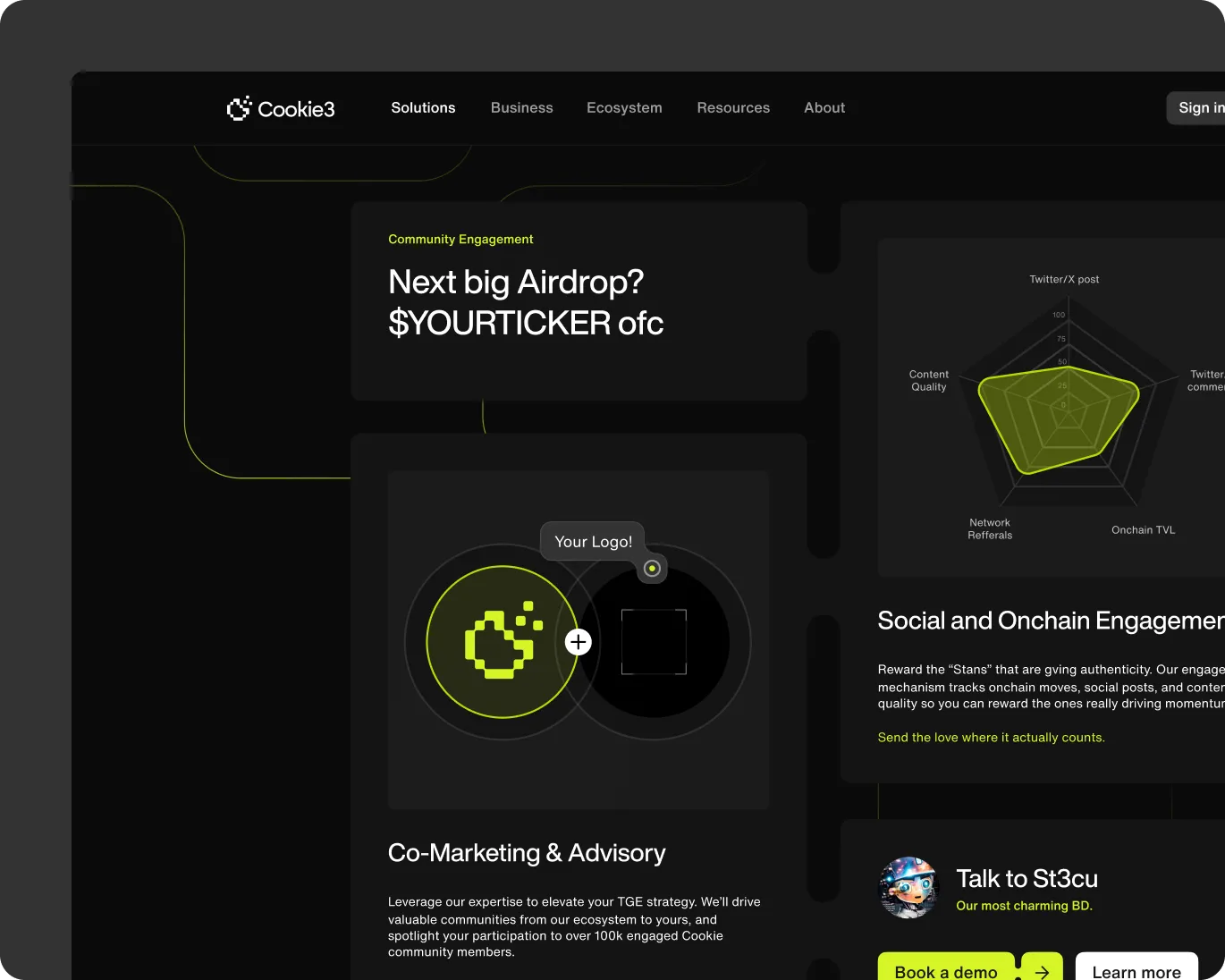 Website section showing Cookie3 logo, navigation menu, community engagement text about next big Airdrop, Venn diagram with 'Your Logo!' label, and co-marketing advisory details.