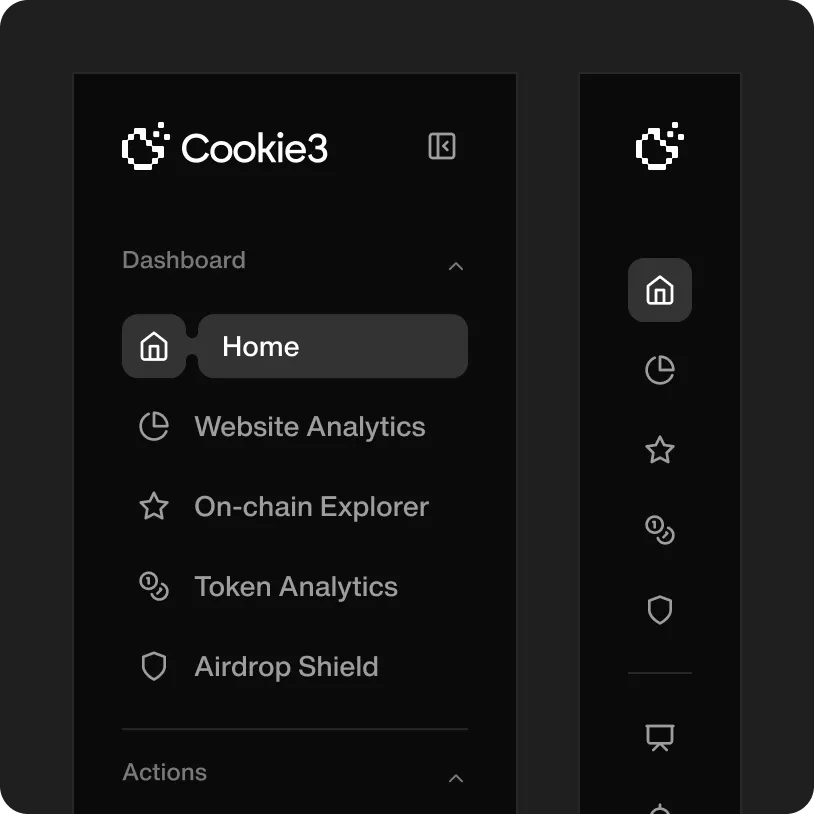 Sidebar menu of Cookie3 dashboard with options: Home, Website Analytics, On-chain Explorer, Token Analytics, and Airdrop Shield.