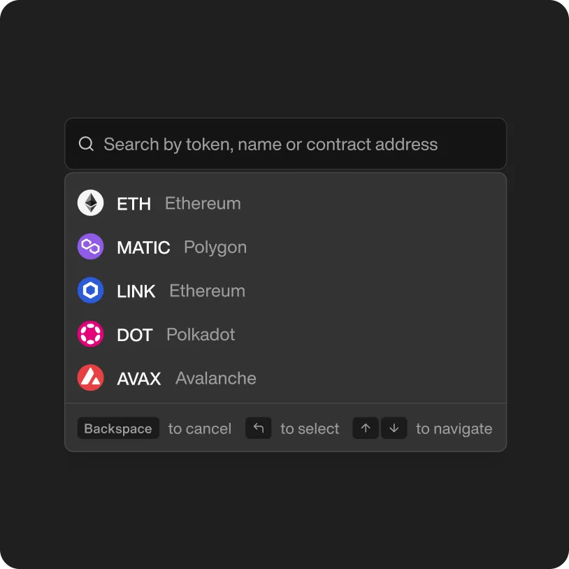 Search interface for tokens with a list showing Ethereum (ETH), Polygon (MATIC), Ethereum (LINK), Polkadot (DOT), and Avalanche (AVAX).