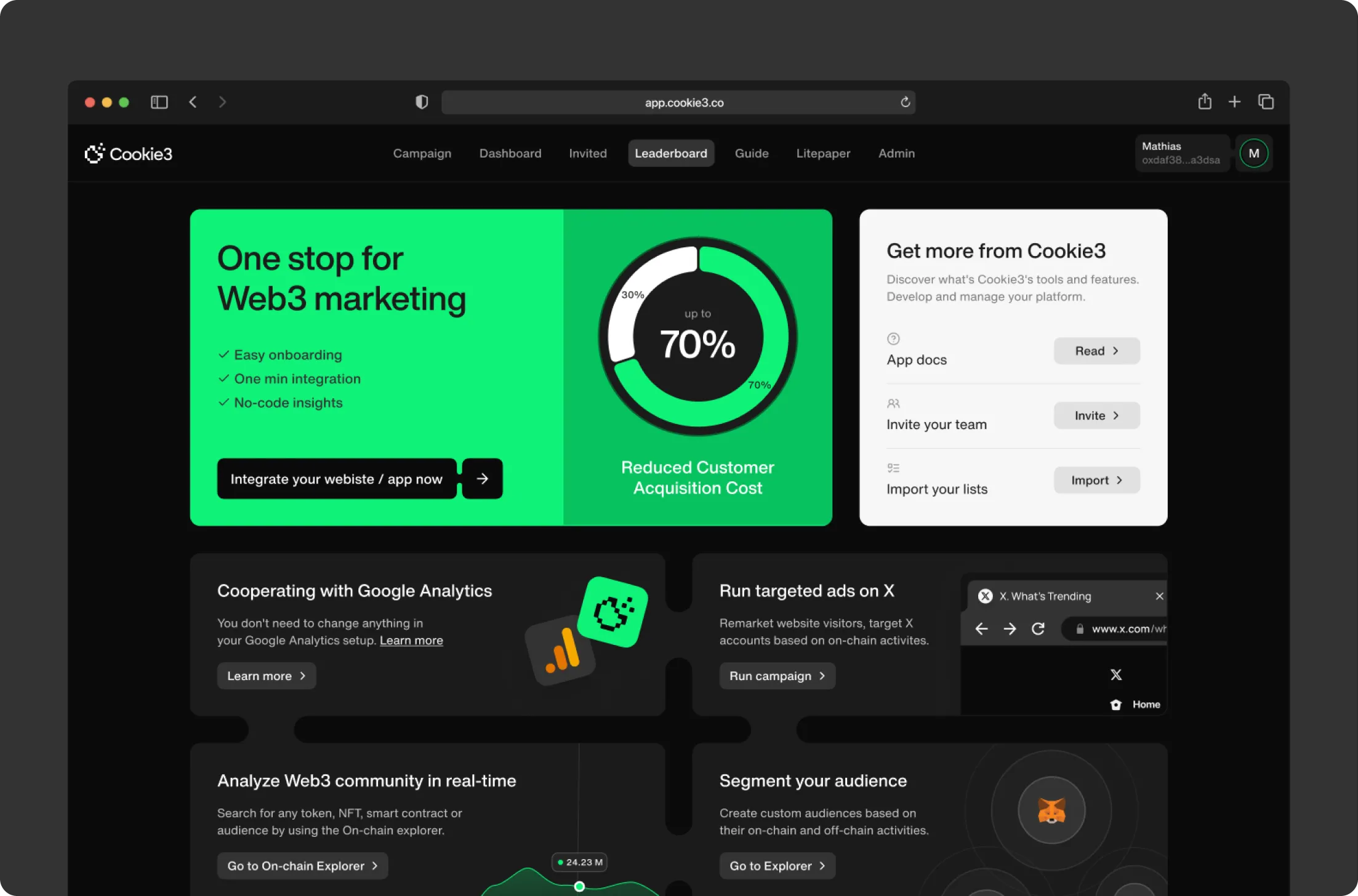 Cookie3 web dashboard showing Web3 marketing features including easy onboarding, integration, reduced customer acquisition cost, Google Analytics cooperation, targeted ads on X, Web3 community analysis, and audience segmentation.