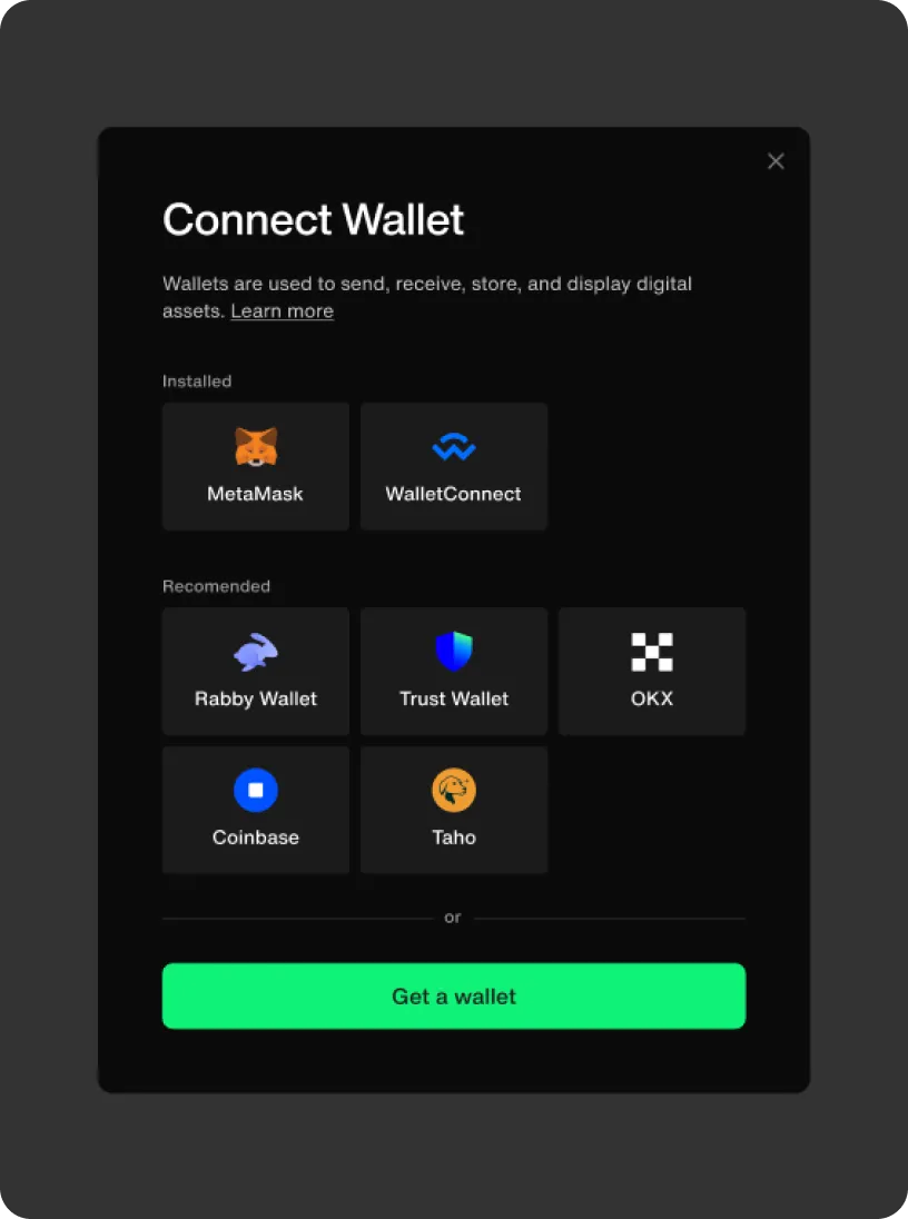 Screen for connecting a digital wallet showing installed options MetaMask and WalletConnect, recommended wallets Rabby Wallet, Trust Wallet, OKX, Coinbase, and Taho, with a green button labeled Get a wallet.