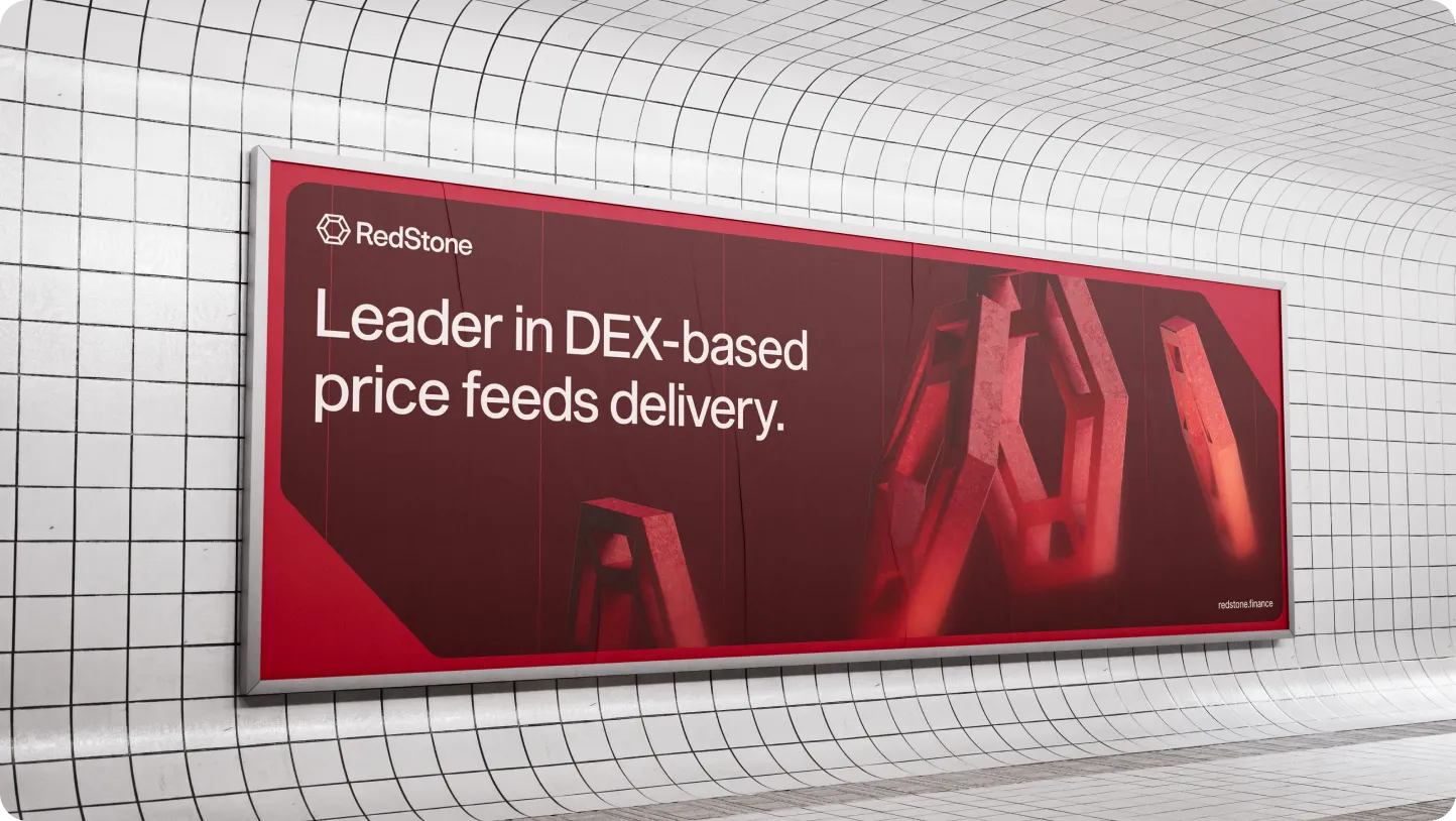 RedStone advertisement board in a tiled tunnel stating 'Leader in DEX-based price feeds delivery' with abstract red geometric shapes.
