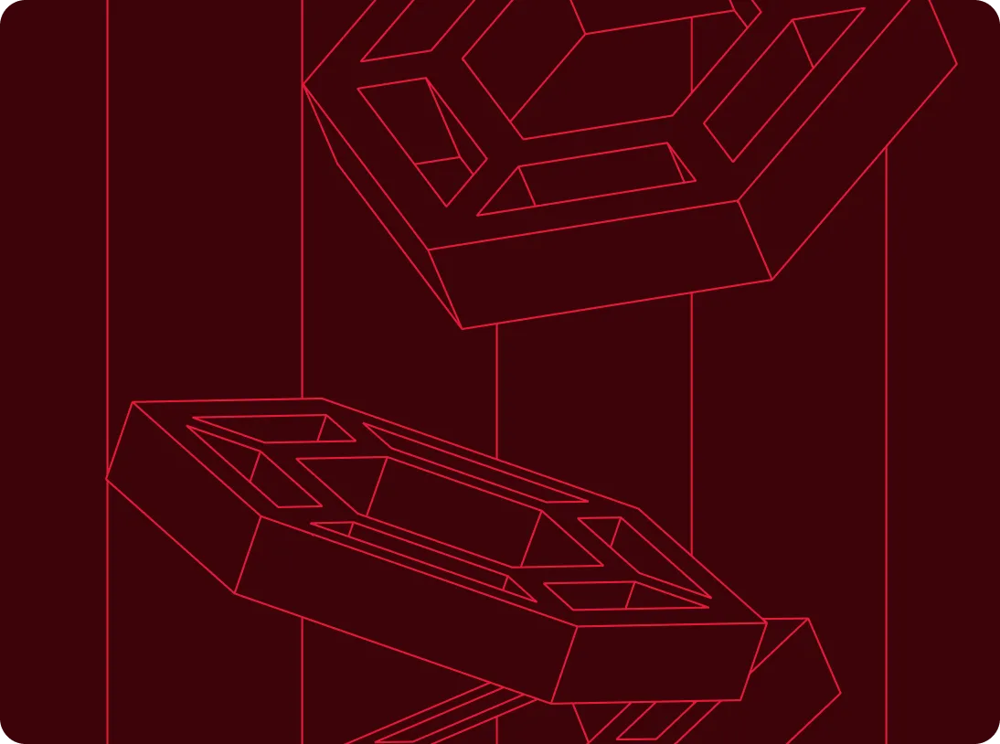 Abstract red geometric shapes with outlined angular forms on a dark red background.