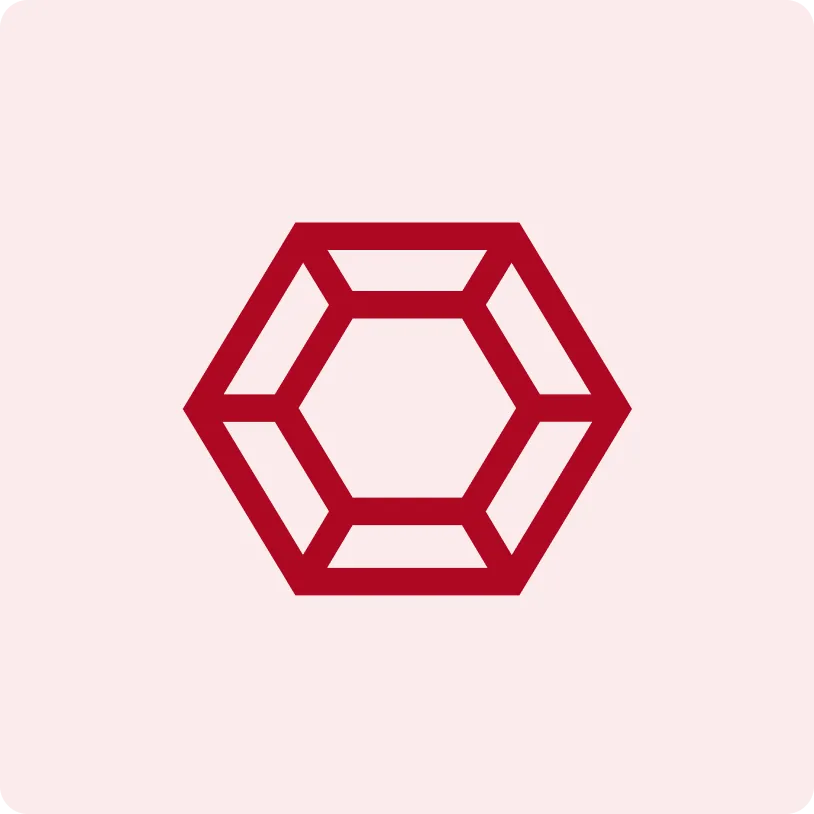 Red hexagonal gemstone outline icon on a pale pink background.
