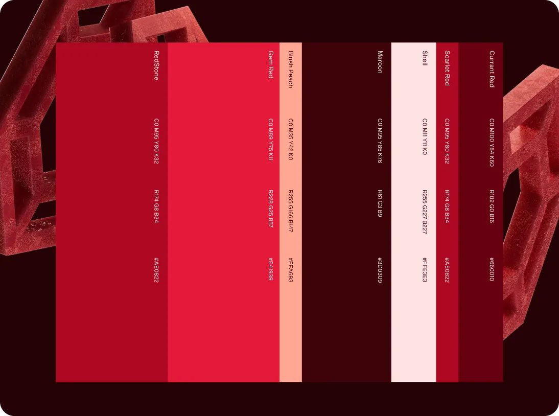 Color palette with seven red shades labeled Redstone, Gem Red, Blush Peach, Maroon, Shell, Scarlet Red, and Currant Red, each with CMYK, RGB, and hex color codes on a dark background with red geometric shapes.