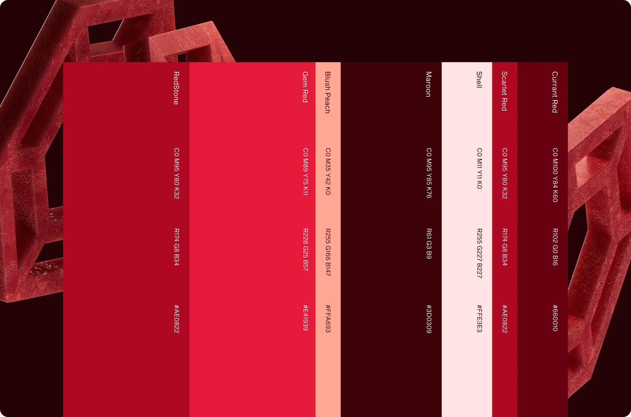 Color palette swatches including Redstone, Gem Red, Blush Peach, Maroon, Shell, Scarlet Red, and Currant Red with respective RGB, CMYK, and hex codes on a dark background with abstract red geometric shapes.