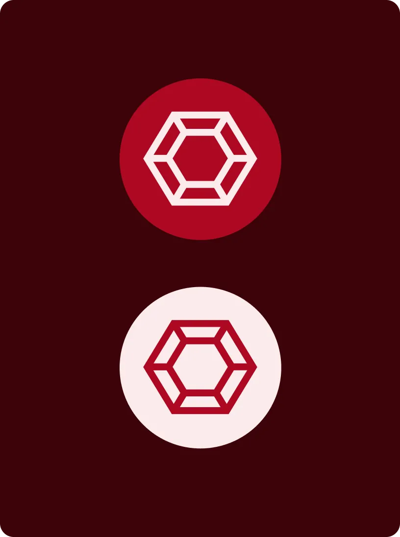 Two hexagonal geometric shapes, one white on a red circle and one red on a light pink circle, on a dark red background.