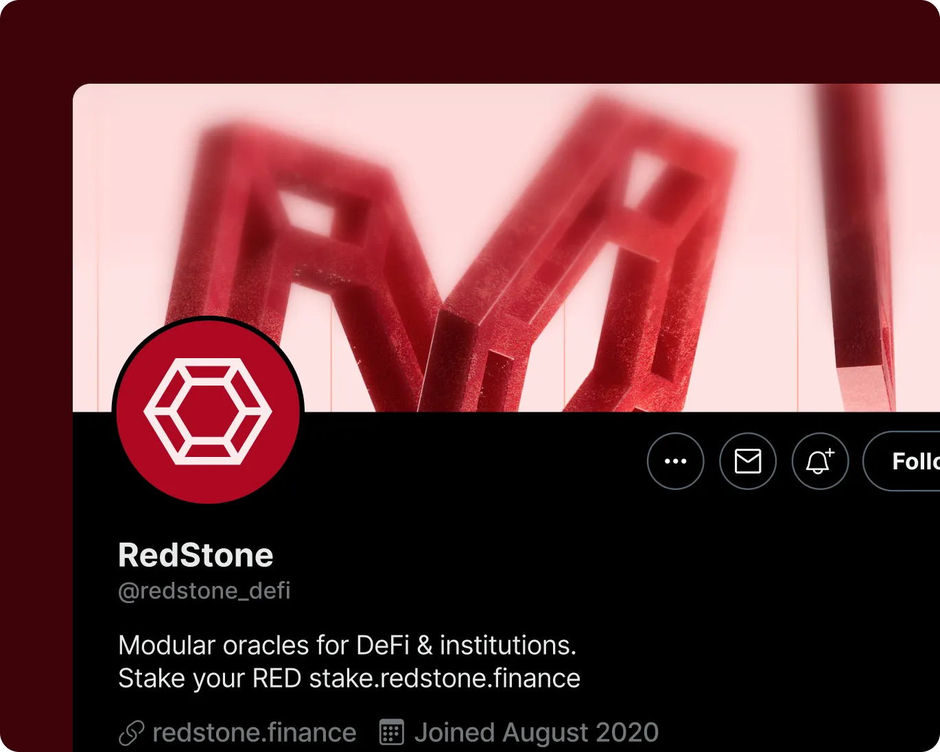 Twitter profile of RedStone with a red geometric logo and banner featuring red 3D shapes on a light background.