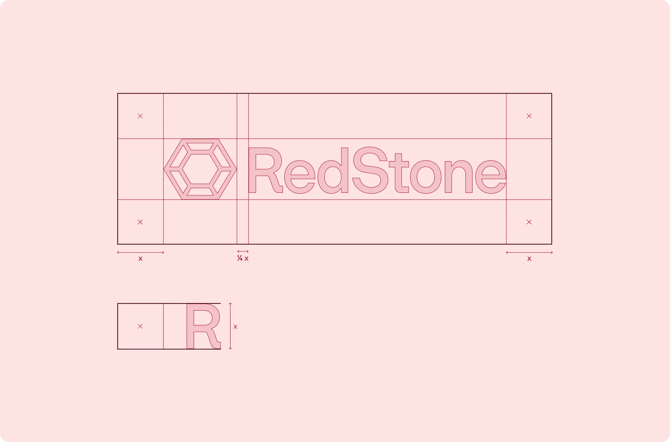 RedStone logo with hexagon symbol and clear spacing guides on a pink background.