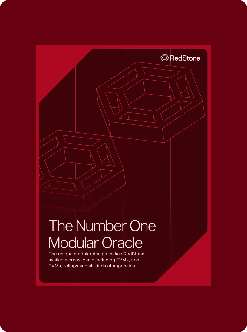 RedStone ad showcasing a modular oracle with 3D hexagonal shapes and text about cross-chain compatibility including EVMs and appchains.
