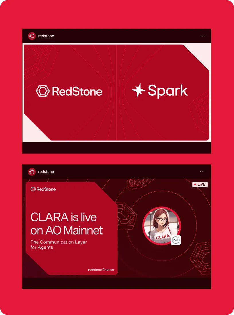 Two redstone.finance banners: top banner with RedStone and Spark logos, bottom banner announcing CLARA is live on AO Mainnet with character illustration.