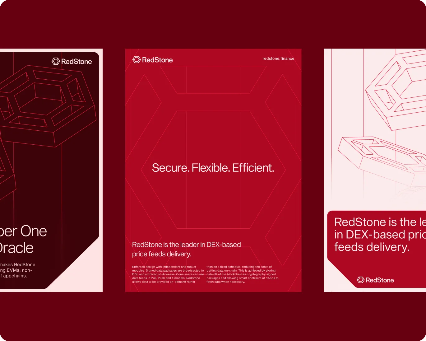 Middle panel with RedStone logo and text 'Secure. Flexible. Efficient.' and description of RedStone as a leader in DEX-based price feeds delivery on a red geometric background.