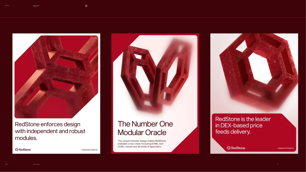 Three panels featuring red 3D modular geometric shapes representing RedStone's independent modules, modular oracle design, and leadership in DEX-based price feed delivery.