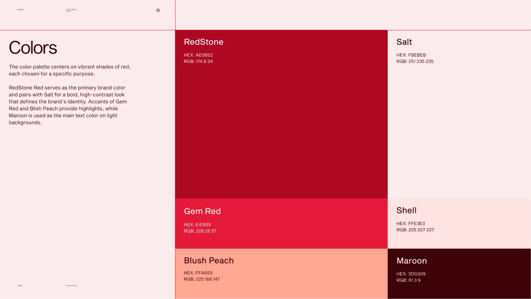 Color palette with vibrant reds and complementary shades: RedStone, Gem Red, Blush Peach, Salt, Shell, and Maroon, each with HEX and RGB codes.