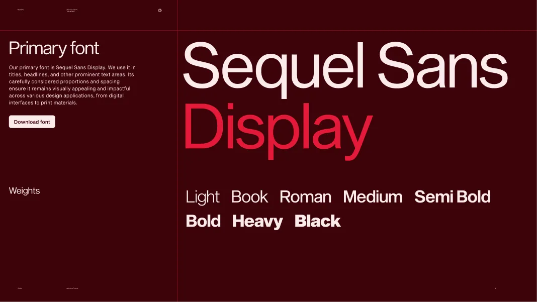 Typography sample displaying Sequel Sans Display font with various weights from Light to Black on a dark red background.