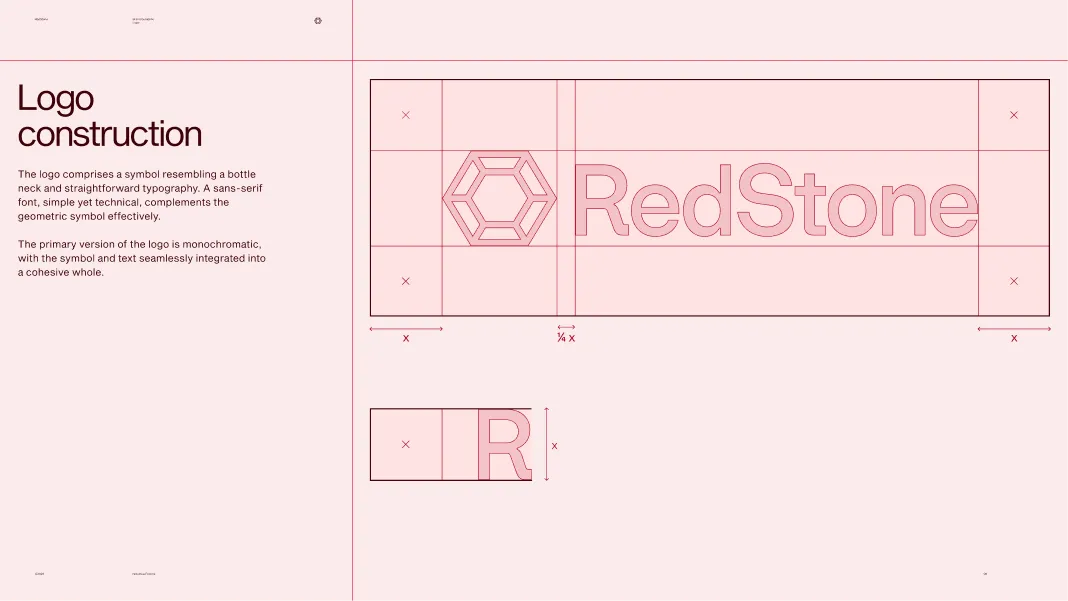 Diagram showing logo construction for RedStone with a geometric hexagonal symbol and sans-serif typography, including proportional spacing guidelines.