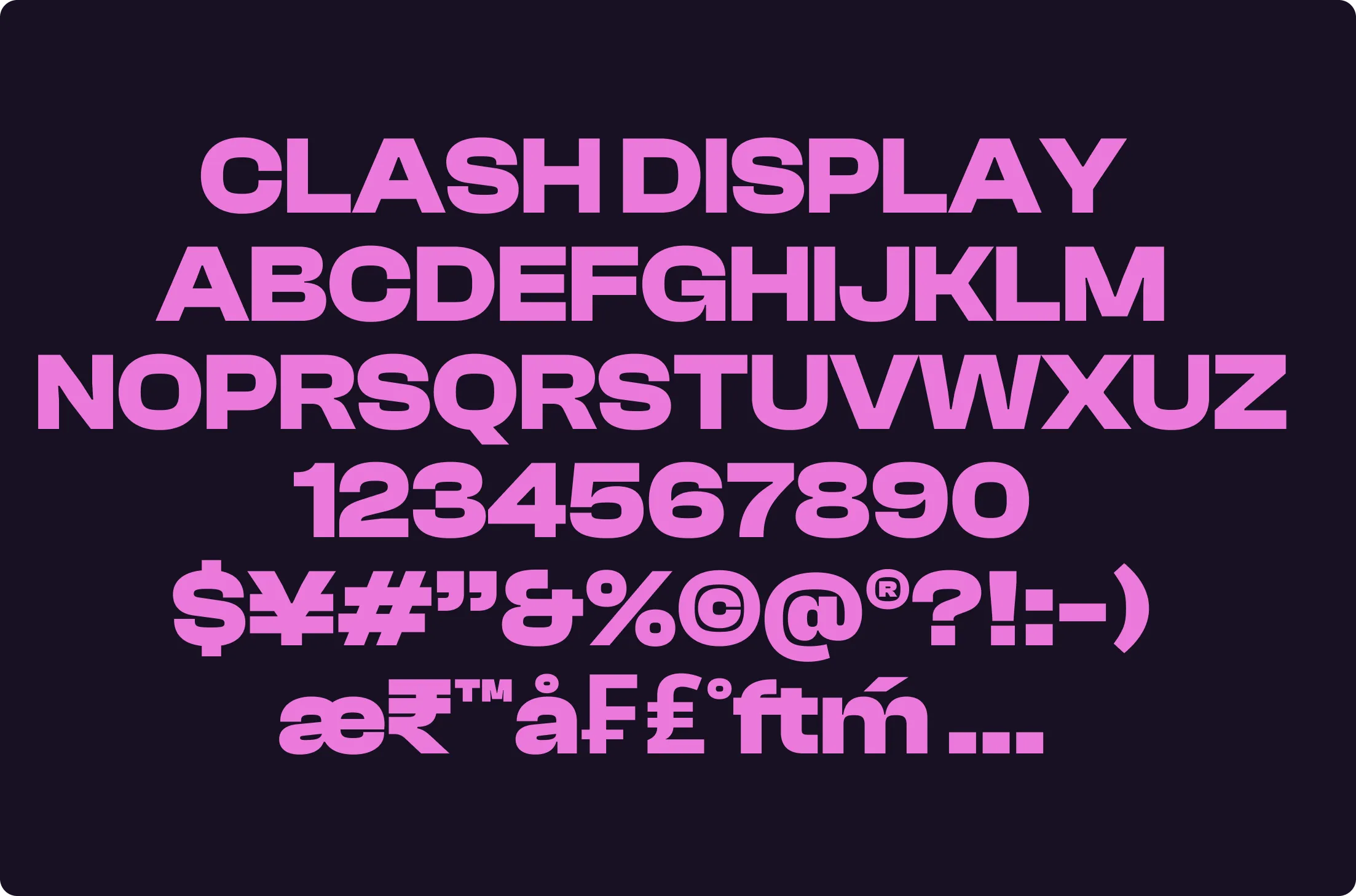 Clash Display font sample showcasing uppercase alphabet, numbers, symbols, and special characters in bold pink on dark background.