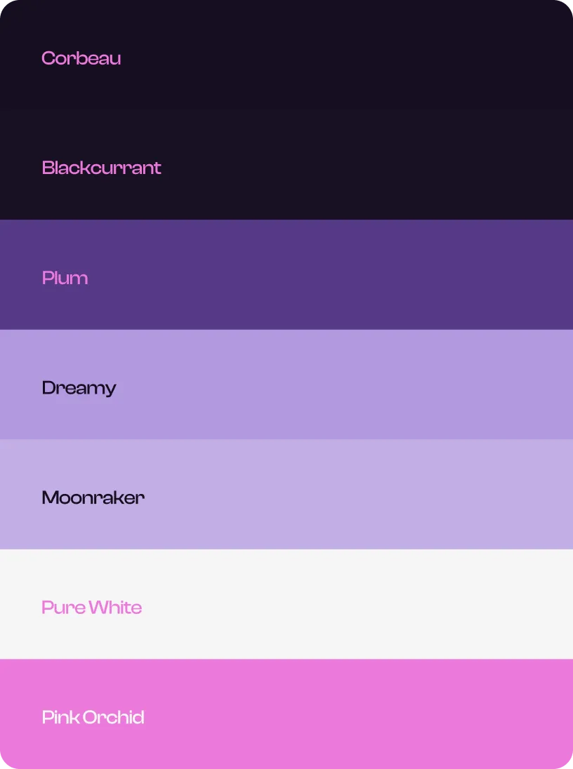 Vertical color palette with labeled blocks: Corbeau black, Blackcurrant dark purple, Plum medium purple, Dreamy light lilac, Moonraker very light lilac, Pure White, and Pink Orchid bright pink.