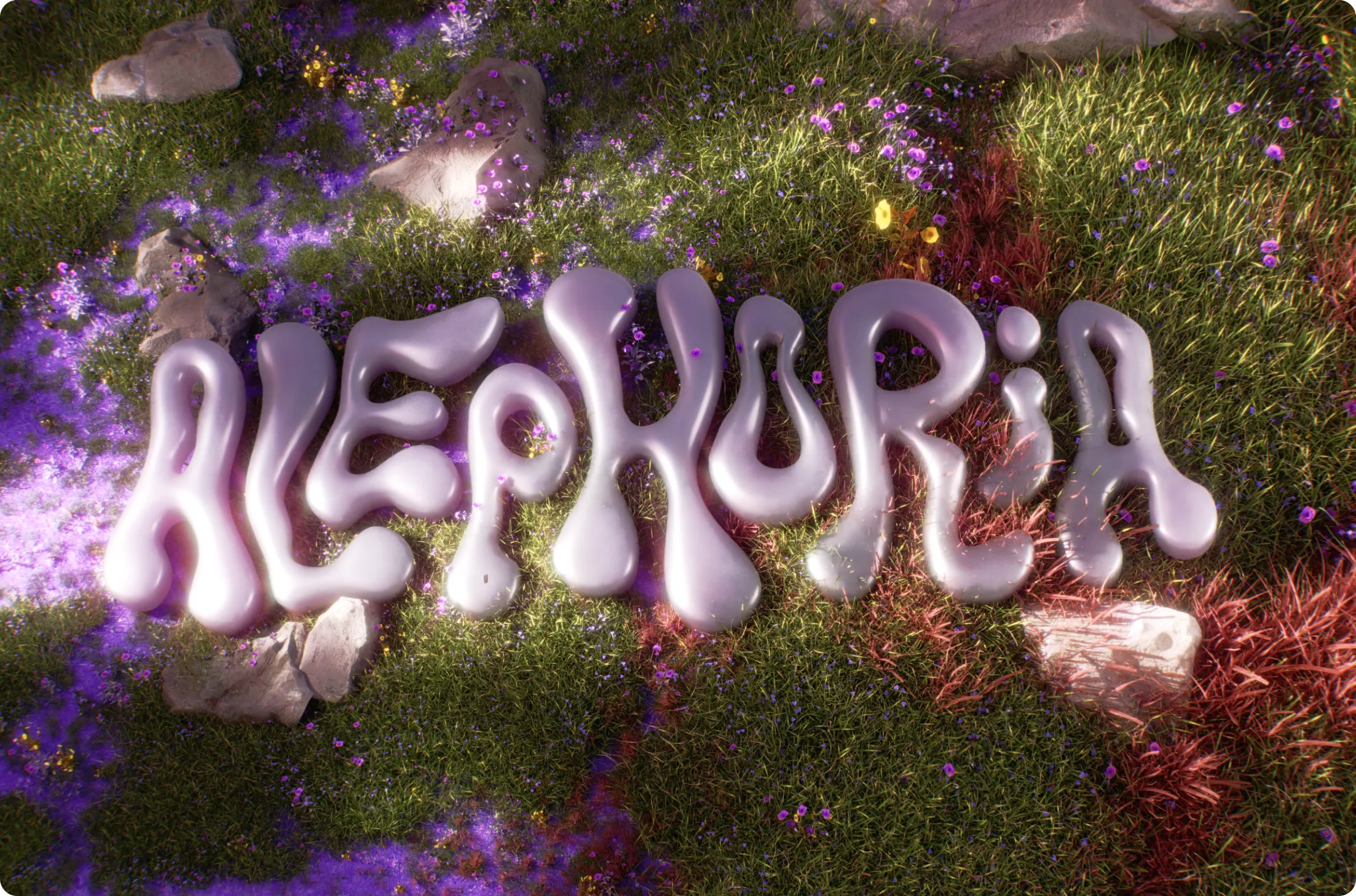 Silver bubble-like letters spelling 'ALEPHORIA' on grass with purple and yellow flowers and scattered rocks.