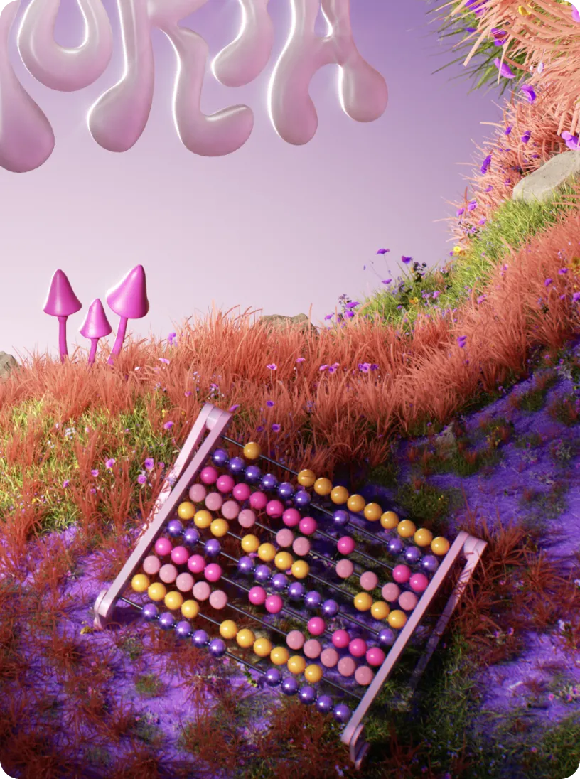 Colorful abacus with pink, purple, and yellow beads lying on vibrant grass and moss with pink mushrooms in the background.