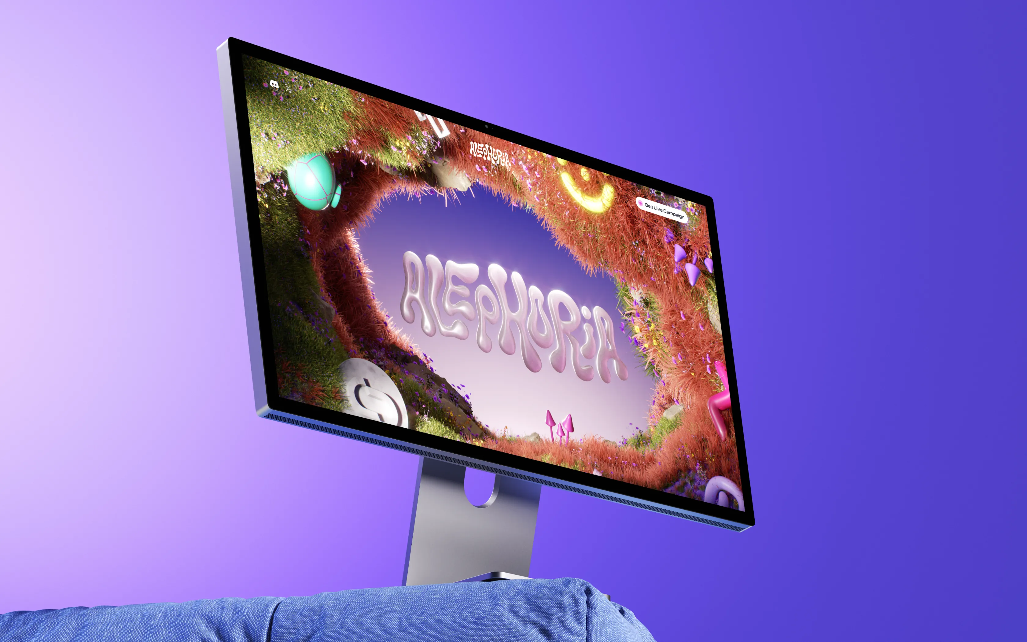 Computer monitor displaying colorful 3D text 'ALEPHURIA' surrounded by vibrant, fuzzy, and organic shapes on a purple background.