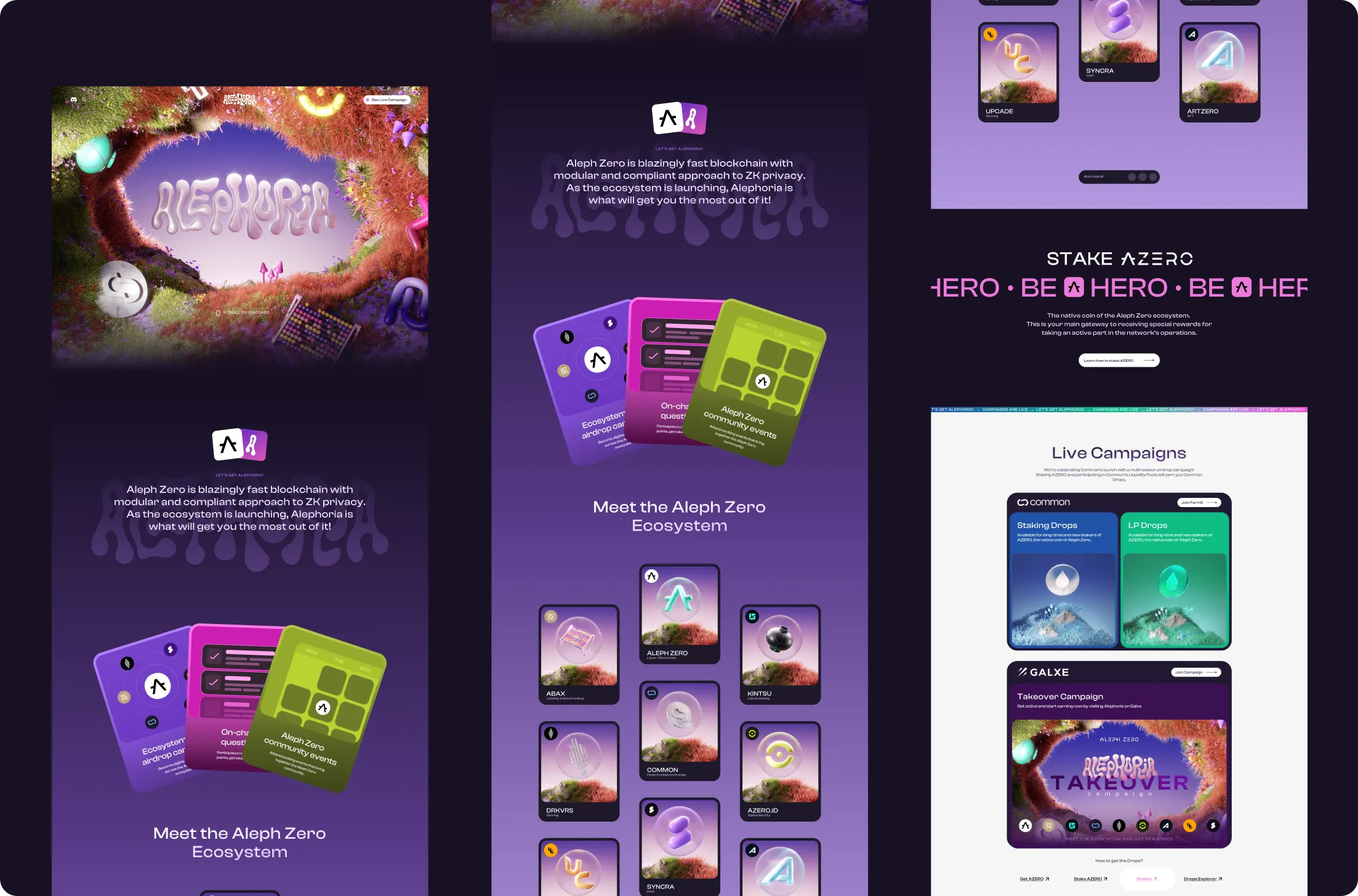 Alephoria homepage showcasing Aleph Zero ecosystem with colorful cards and live campaign details on a purple background.