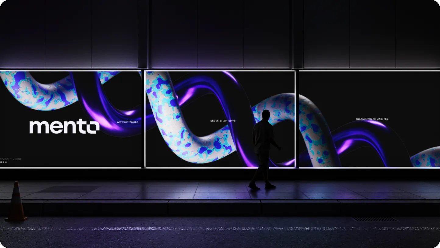 Silhouette of a person walking past illuminated advertisement panels featuring intertwined blue and purple abstract shapes with the word 'mento'.