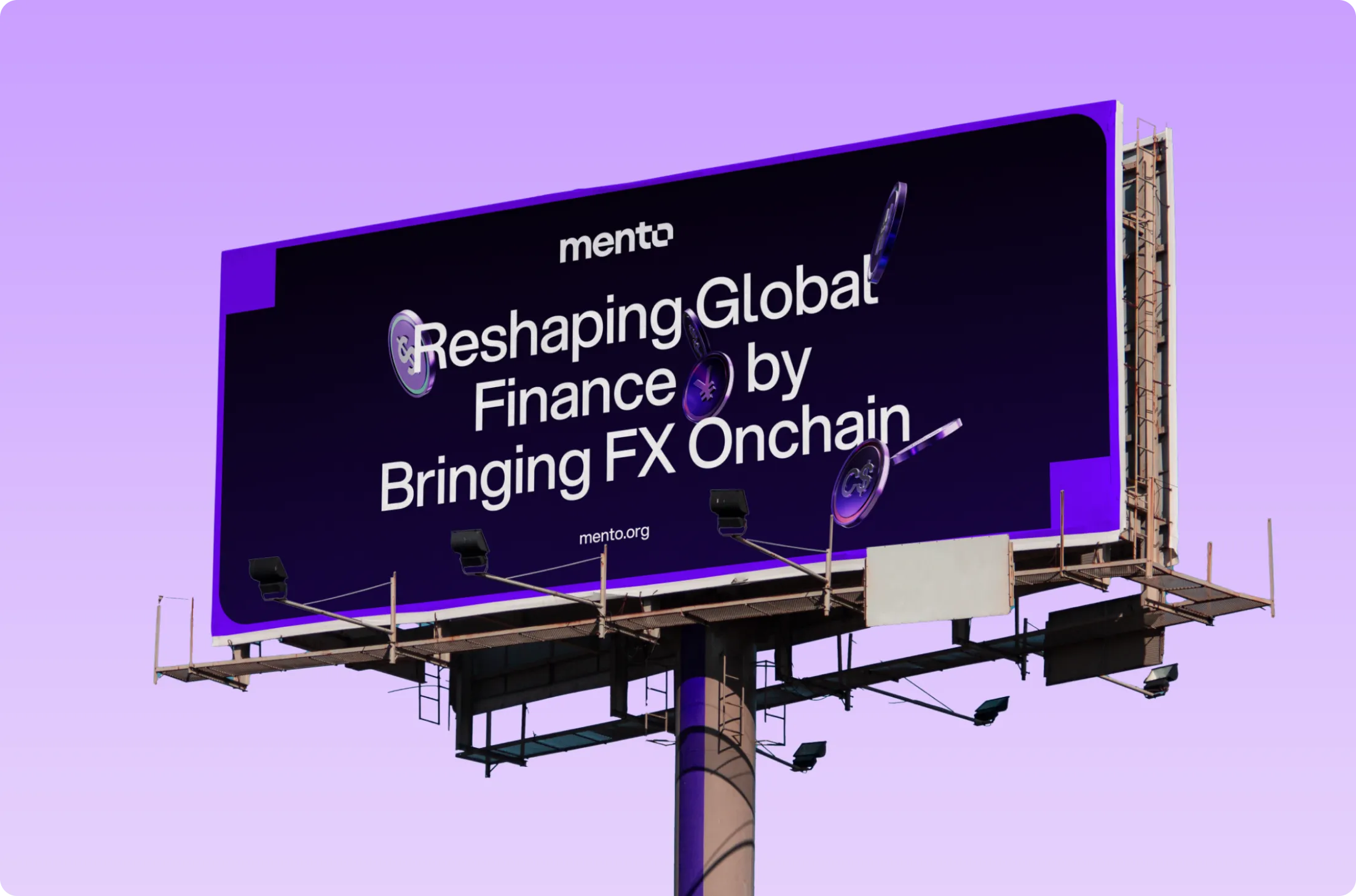 Billboard advertising Mento with text 'Reshaping Global Finance by Bringing FX Onchain' against a purple sky background.