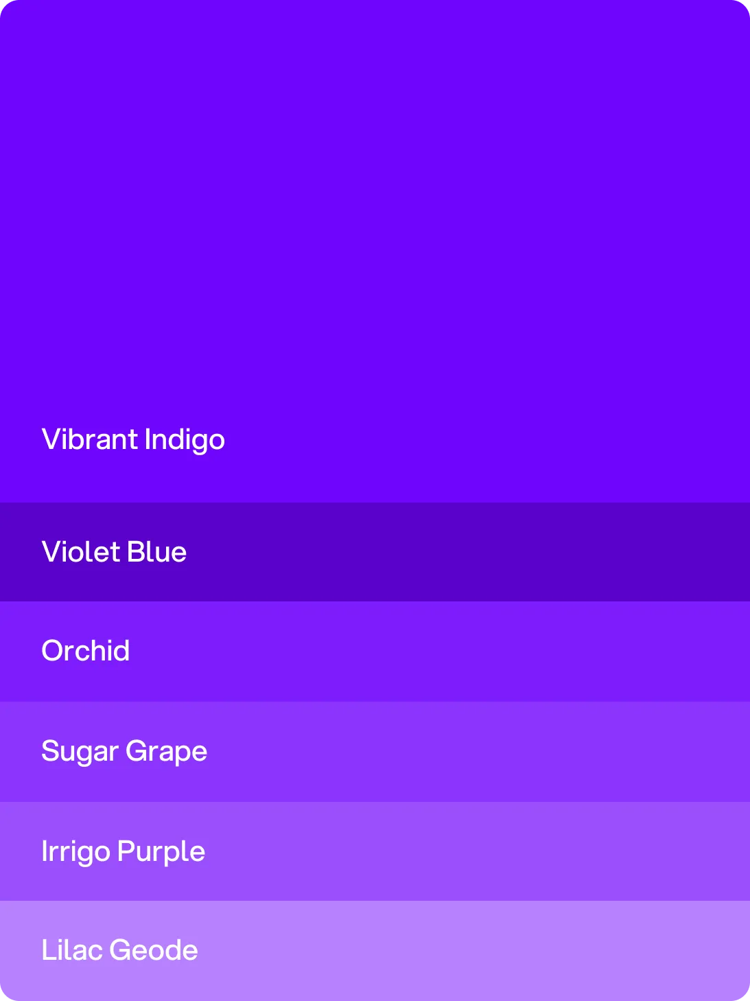 Gradient color palette from vibrant indigo to lilac geode with labeled swatches.