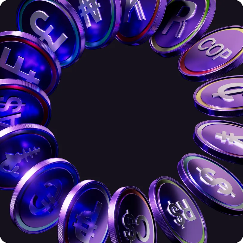 3D purple coins arranged in a circle with various currency symbols including dollar, euro, yen, and peso on a black background.