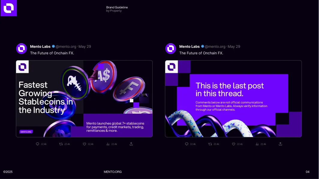 Two social media posts by Mento Labs about Onchain FX: left post shows floating stablecoin symbols with text about fastest growing stablecoins and global launches; right post states this is the last post in the thread with a note to verify information through official channels.