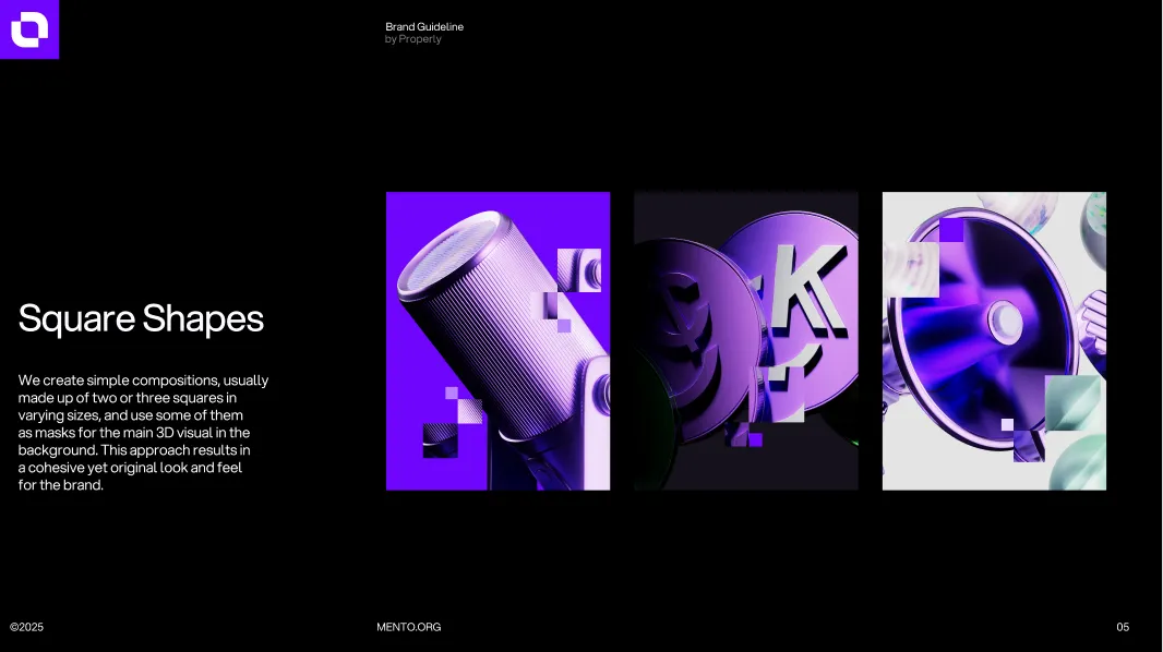 Brand guideline page titled 'Square Shapes' showing three purple-tinted 3D objects partially masked by small square shapes on a black background.