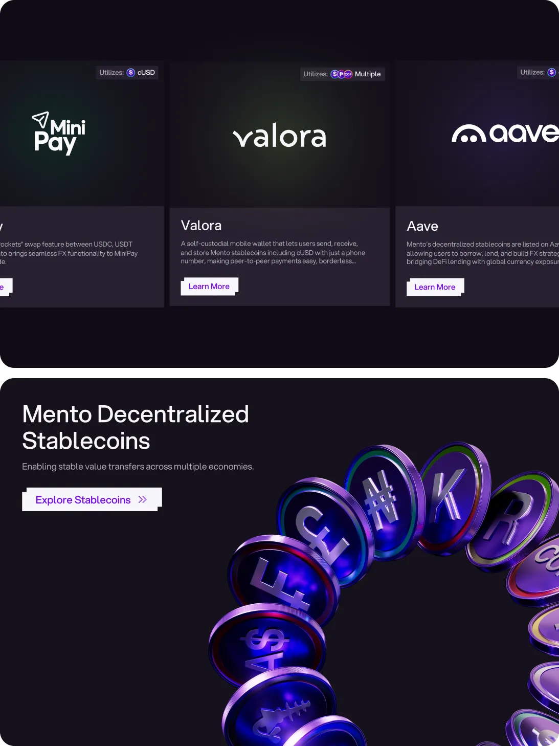 Website section showing Mento Decentralized Stablecoins with logos of MiniPay, Valora, and Aave, and a circular arrangement of coins featuring various currency symbols.