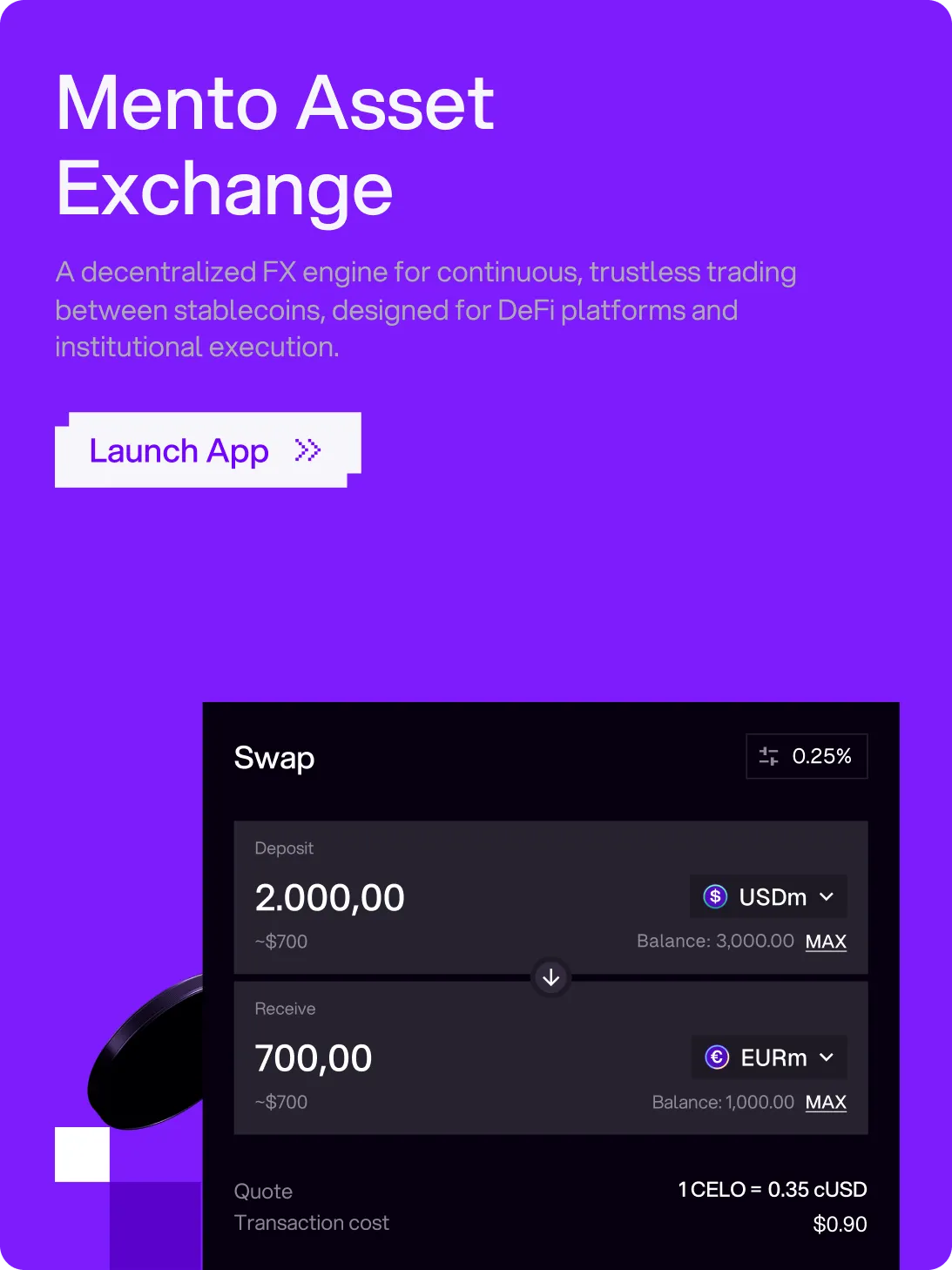 Mento Asset Exchange interface on purple background showing swap of 2,000 USDm for 700 EURm with 0.25% fee and exchange rate 1 CELO = 0.35 cUSD.