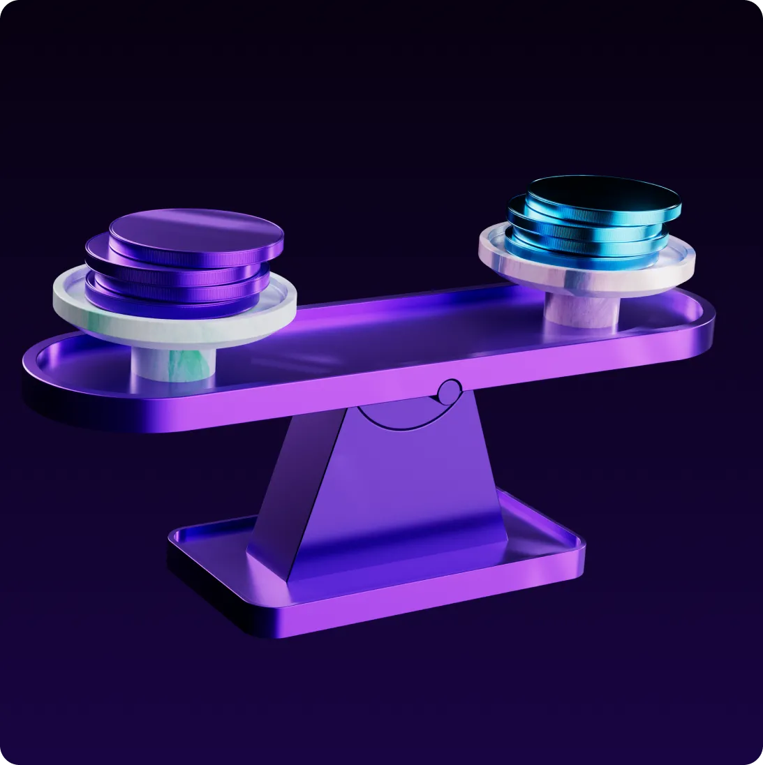 Purple and blue metallic coins stacked on opposite ends of a balancing scale on a dark background.
