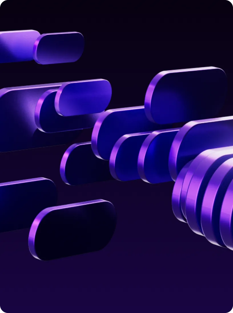3D abstract shapes with rounded edges in shades of purple floating on a dark background.
