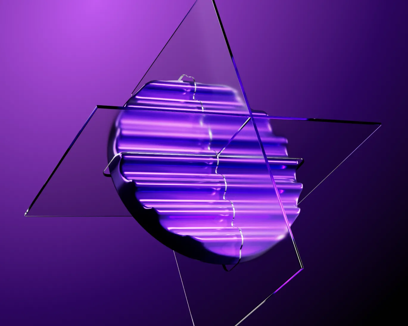 Abstract purple liquid shape partially enclosed by transparent glass panels on dark purple background.
