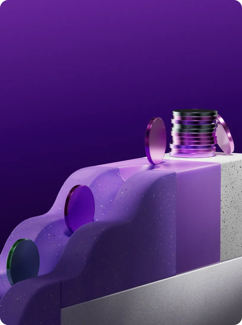 Stack of purple and black shiny coins on a three-textured purple and gray geometric surface against a dark purple background.