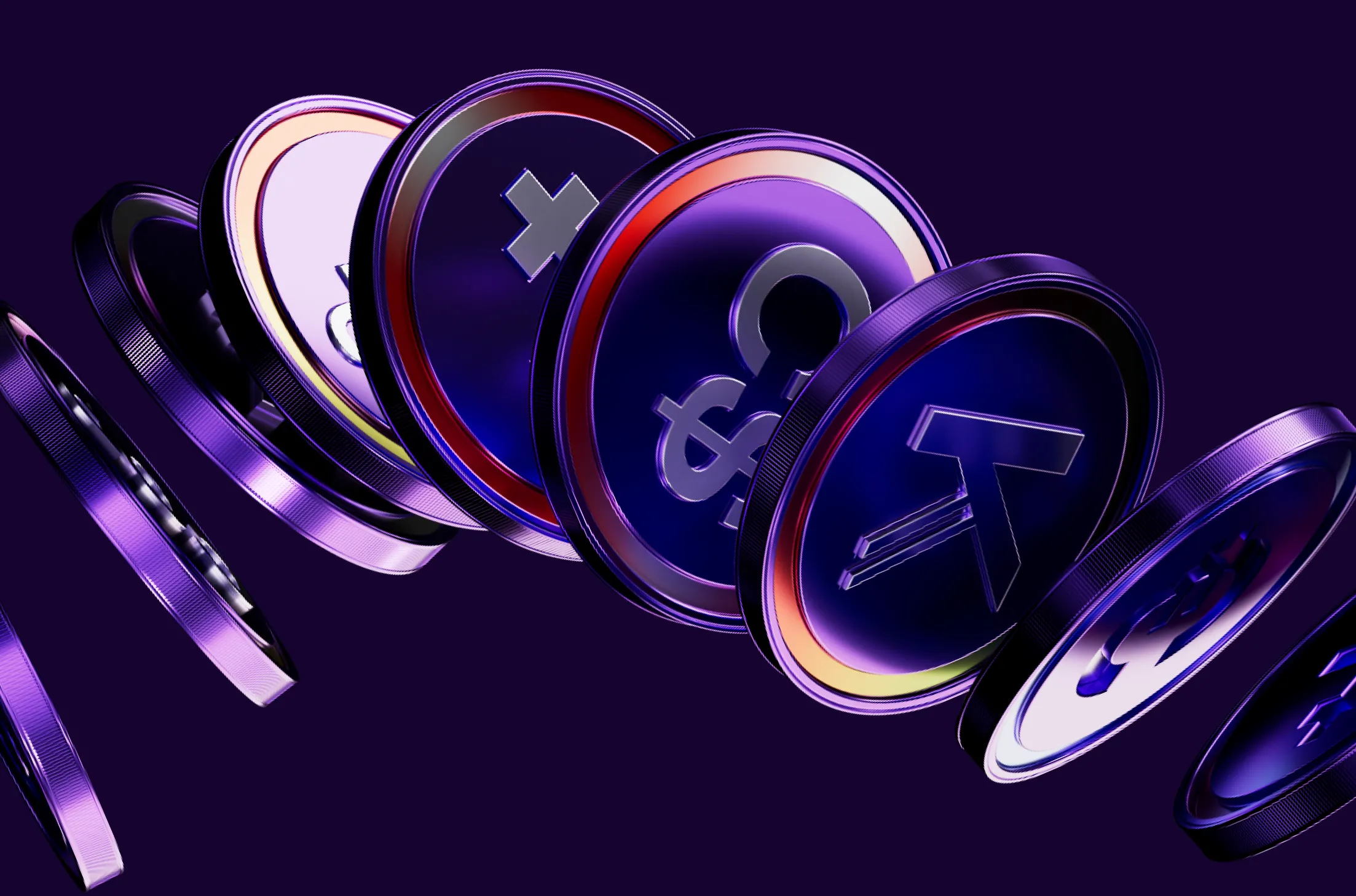 Row of purple-toned coins with various cryptocurrency symbols on a dark background.