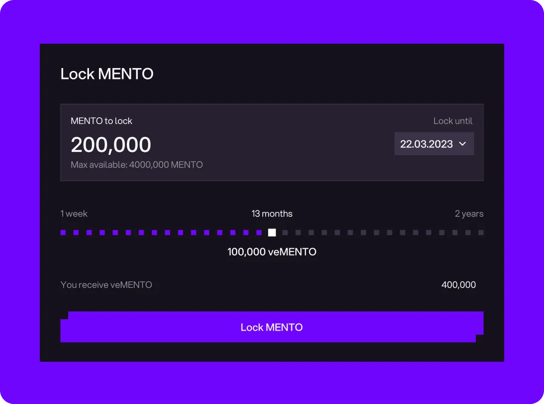 User interface for locking 200,000 MENTO tokens until 22.03.2023, showing a 13-month lock period and an estimated 400,000 veMENTO received.